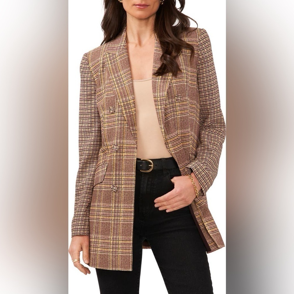 NWT Vince Camuto Women’s Long Double Breasted Blazer Brown Plaid size 2